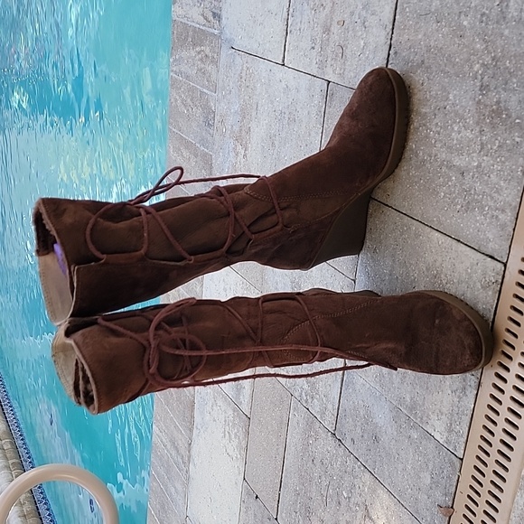 UGG Elsy Wedge Lace Up Brown Leather Sheepskin Lined Boot Size 7 - Picture 6 of 13